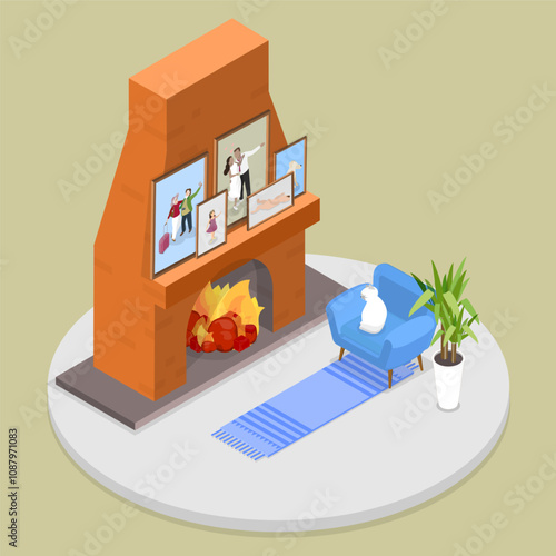 3D Isometric Flat Vector Illustration of Memory Pictures, Cozy and Warm Room Fireside