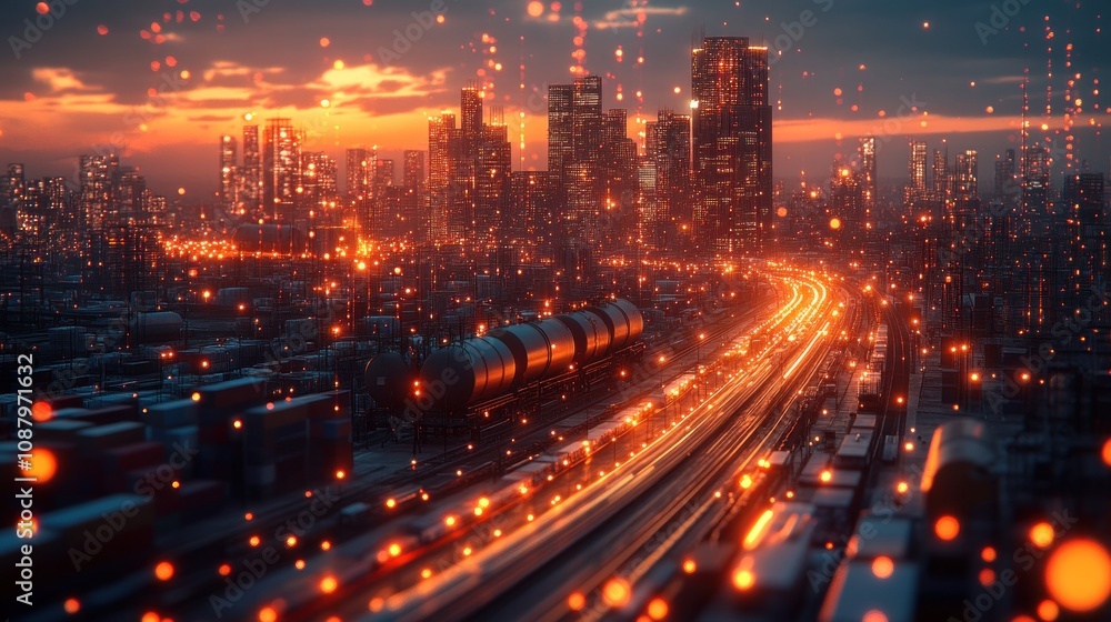 Urban skyline at sunset with glowing lights and train tracks. Urban skyline at sunset with glowing lights and train tracks.
