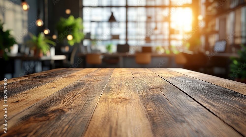 Rustic Wooden Table in a Sunlit Cafe Interior Rustic Wooden Table in a Sunlit Cafe Interior