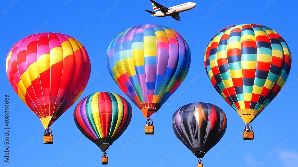 Fototapeta premium Colorful hot air balloons in flight with an airplane above against a clear blue sky.