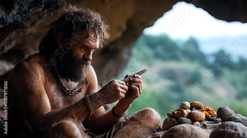 Fototapeta Naklejka Na Ścianę i Meble -  A male caveman skillfully carving tools in a cave, surrounded by gathered fruits and nuts.