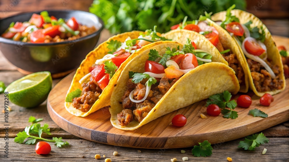 Crunchy tacos with seasoned meat, cheese, and toppings. Crunchy tacos with seasoned meat, cheese, and toppings.