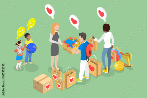 3D Isometric Flat Vector Illustration of Donating To Orphanage, Charity and Social Support