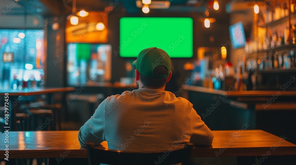 person from behind watching tv with green screen in a bar person from behind watching tv with green screen in a bar
