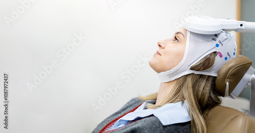 A Caucasian girl between 20 and 30 years old undergoes transcranial magnetic stimulation therapy at a psychiatric center to treat depression or anxiety.Copyspace for EMT advertising.