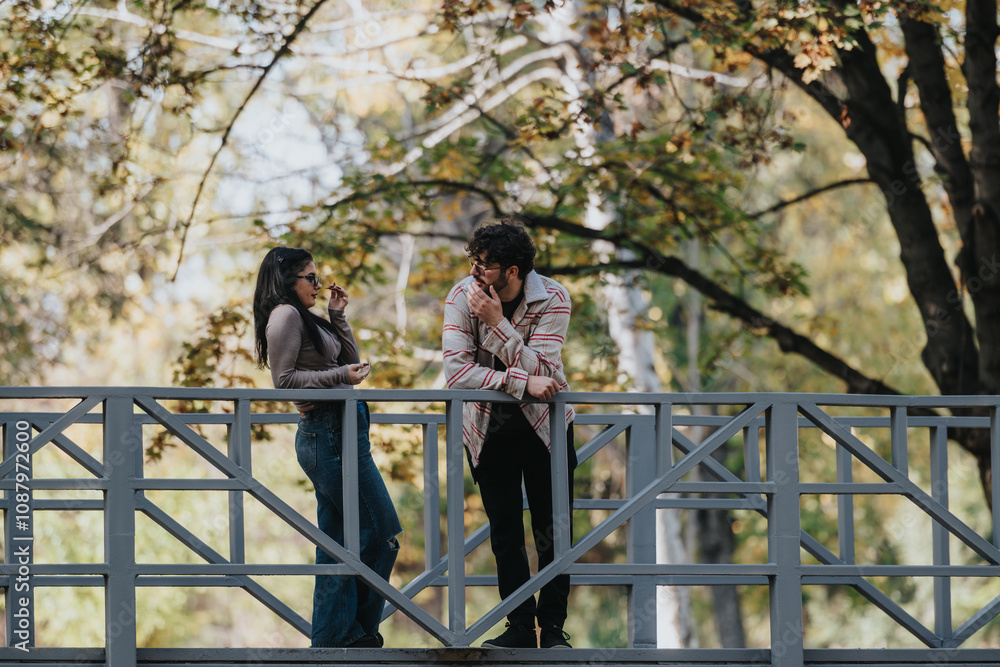A young couple engages in a friendly conversation on a scenic park bridge surrounded by lush trees. The image captures a moment of relaxation and connection in a natural setting. A young couple engages in a friendly conversation on a scenic park bridge surrounded by lush trees. The image captures a moment of relaxation and connection in a natural setting.