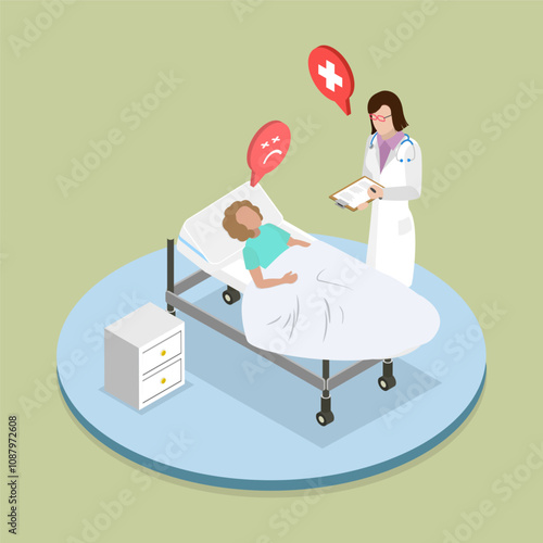 3D Isometric Flat Vector Illustration of Hospital, Patient Receiving Visit From Doctor In Hospital Room