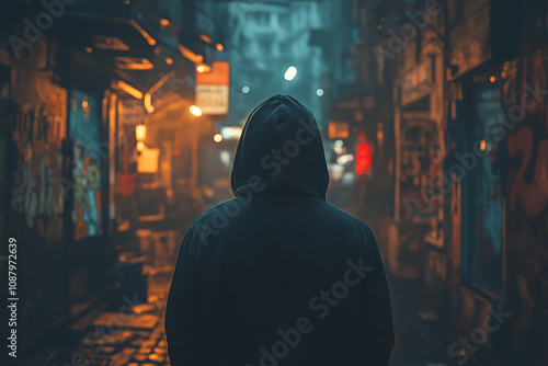 A dark urban alley with graffiti-covered walls, featuring a shadowy figure in a hoodie walking away, capturing the essence of street crime and urban danger. 