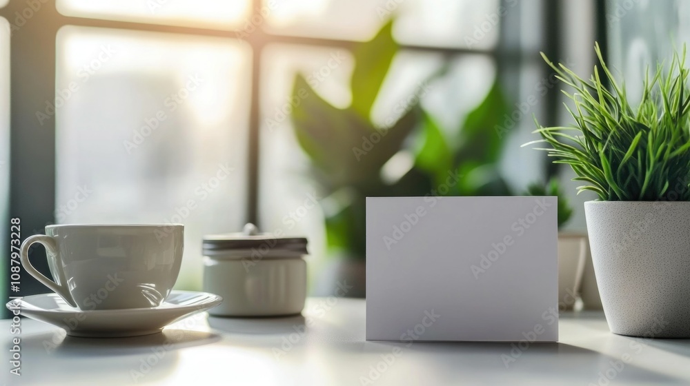 Blank card mockup on coffee table with sunlight and potted plants, home office concept Blank card mockup on coffee table with sunlight and potted plants, home office concept