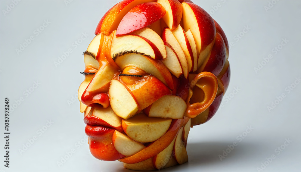 Naklejka premium Intricate sculpture crafted from apples, depicting a human face with vibrant colors and textures, showcasing creativity in food art.