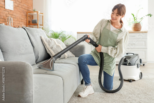 Pretty young woman with vac...