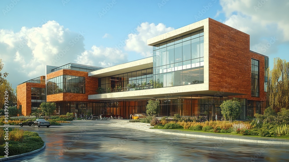 Obraz premium Modern architectural building with large windows and landscaped surroundings.