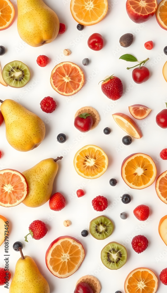 Food texture. Seamless pattern of fresh various fruits. Pears, apples, slices of tangerines, kiwi, berries isolated on white background, top view, flat layout, vintage Food texture. Seamless pattern of fresh various fruits. Pears, apples, slices of tangerines, kiwi, berries isolated on white background, top view, flat layout, vintage