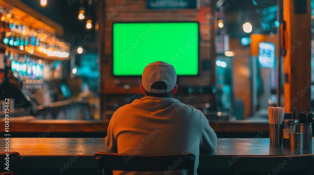 person from behind watching tv with green screen in a bar person from behind watching tv with green screen in a bar