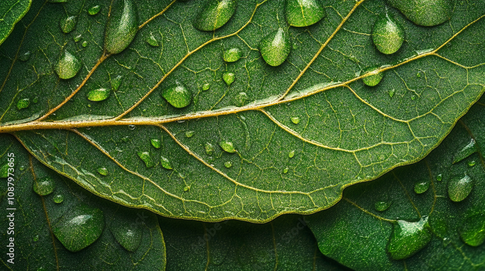 Fototapeta premium green leaf with water droplets, symbolizing freshness, nature's purity, and the beauty of natural elements under gentle rain or dew in the early morning