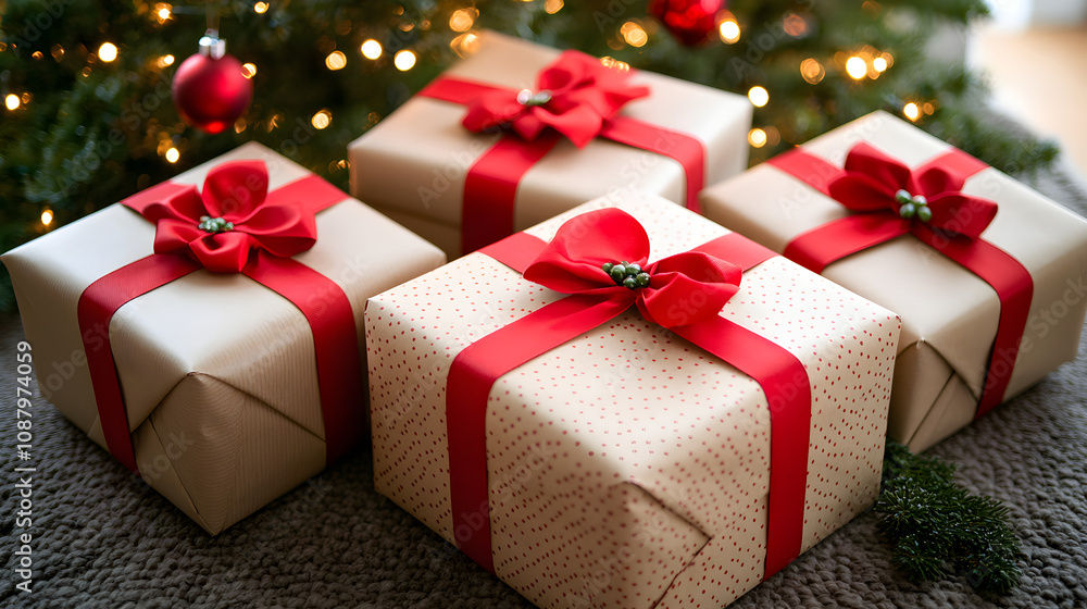 Gifts with ribbon bow under Christmas tree in living room.Gift box against fireplace. Home decor. Xmas and New Year celebration. Festive present and sale. Banner with copy space greeting card, poster Gifts with ribbon bow under Christmas tree in living room.Gift box against fireplace. Home decor. Xmas and New Year celebration. Festive present and sale. Banner with copy space greeting card, poster