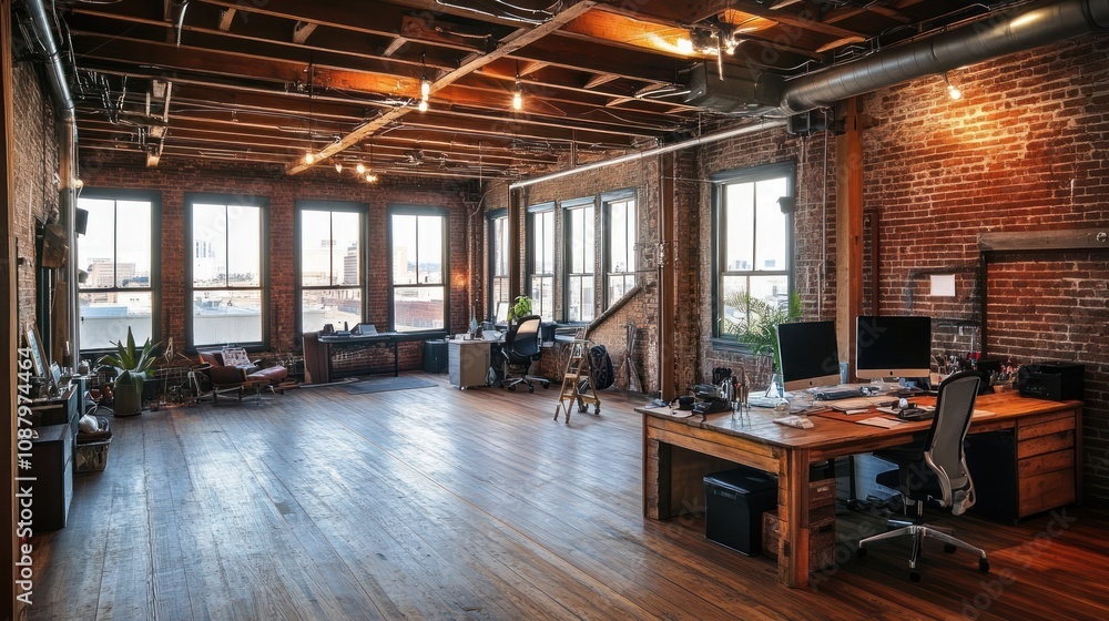 Spacious Loft Office with Exposed Brick Walls and Wooden Beams Spacious Loft Office with Exposed Brick Walls and Wooden Beams