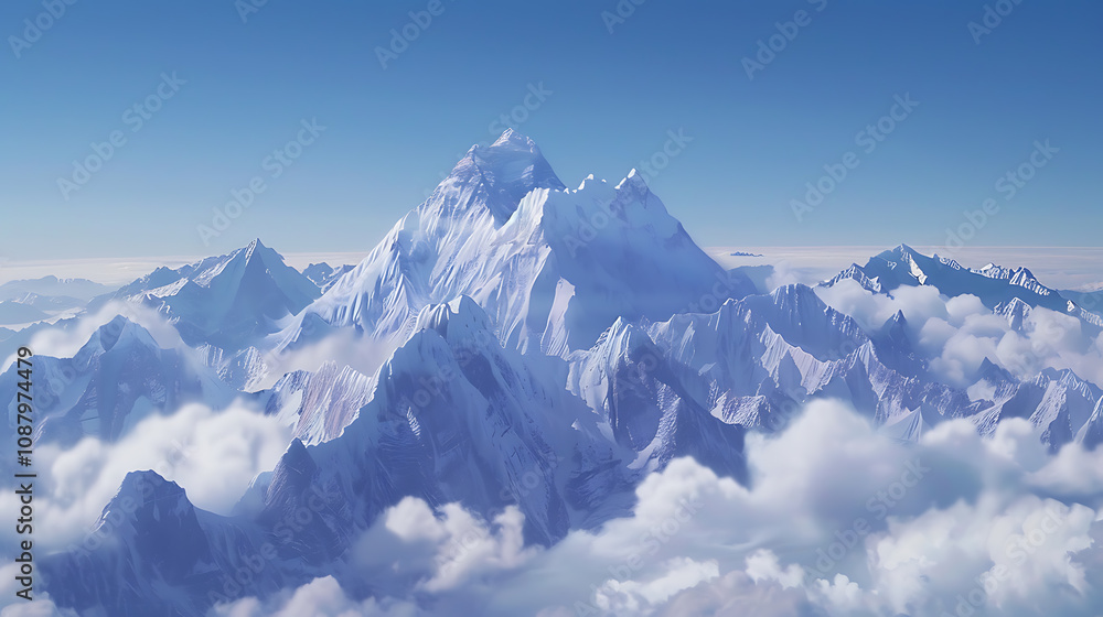 mountain landscape, snow-covered mountain range, highlighted by a towering peak reaching into the clouds, surrounded by others, under a clear blue sky aerial view of mount everests majestic grandeur mountain landscape, snow-covered mountain range, highlighted by a towering peak reaching into the clouds, surrounded by others, under a clear blue sky aerial view of mount everests majestic grandeur