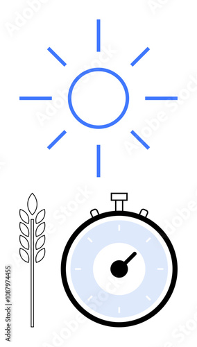 Blue sun wheat stalk analog timer. Ideal for agriculture, harvesting, time management, farming, seasonal changes, productivity, efficiency. Simplistic line metaphor