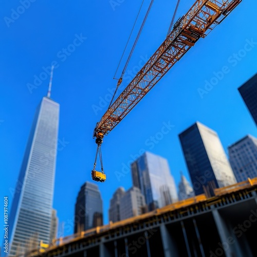 A construction crane looms over a city skyline, symbolizing urban development and progress in modern architecture. photo