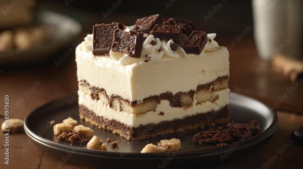 A rich dish with layers of chocolate and vanilla cookies and creamy cheese cake A rich dish with layers of chocolate and vanilla cookies and creamy cheese cake