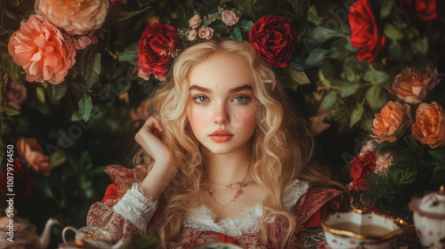 A woman is sitting in a garden with flowers and a rose crown on her head