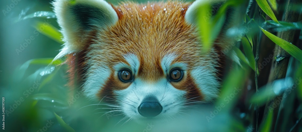 Obraz premium Red Panda Peeking Through Lush Foliage