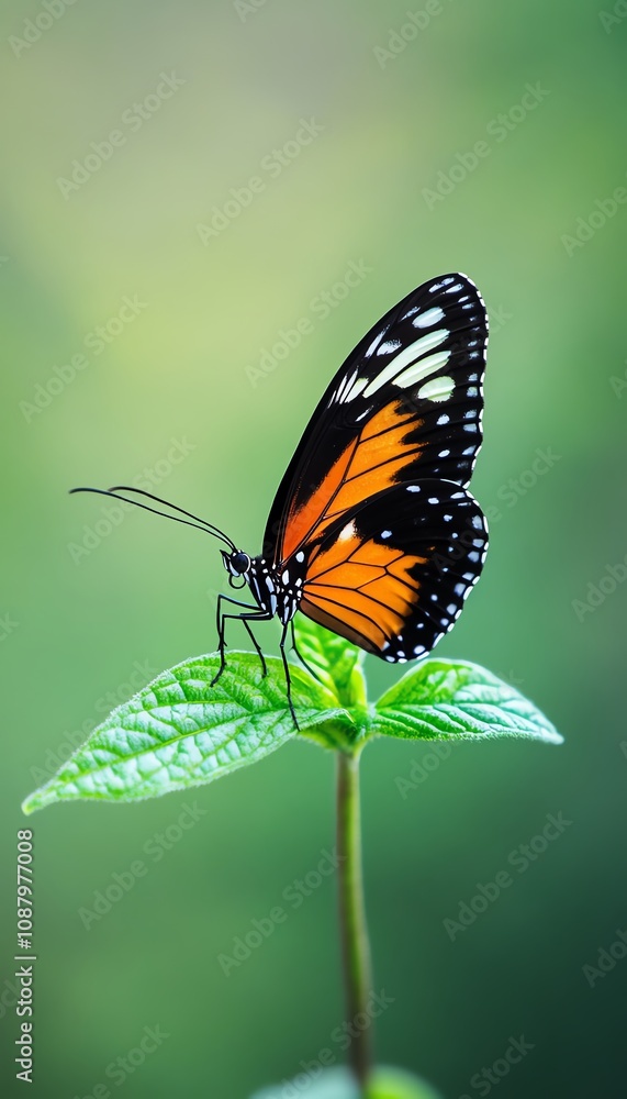 A vibrant butterfly perched delicately on a green leaf, showcasing intricate patterns and colors against a soft blurred background. A vibrant butterfly perched delicately on a green leaf, showcasing intricate patterns and colors against a soft blurred background.