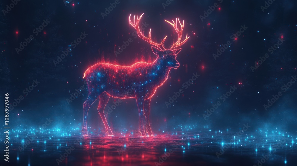 A glowing neon deer with antlers stands on a reflective surface.