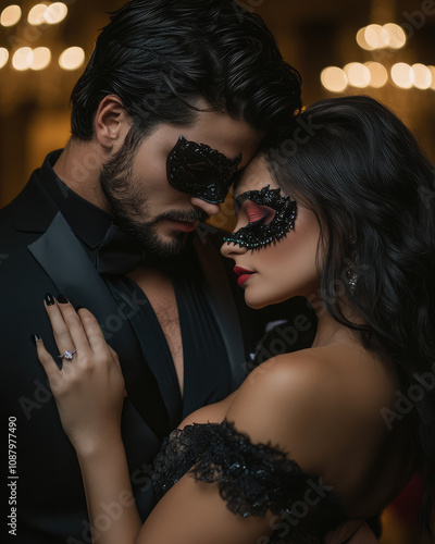 A man and woman are embracing each other in a black suit and gown