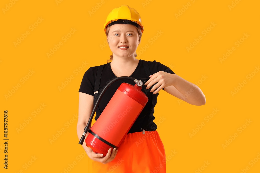Young female firefighter with fire extinguisher on yellow background. Woman in male profession concept Young female firefighter with fire extinguisher on yellow background. Woman in male profession concept
