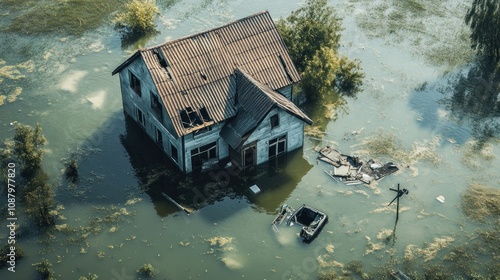 An aerial photograph of a home engulfed in contaminated water, emphasizing the destruction caused by floods in residential areas.  photo