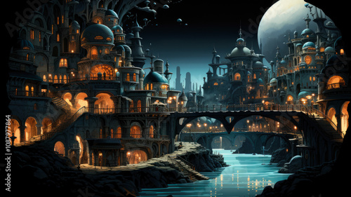 Moonlit Fantasy Village with Bridge and River
 photo