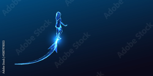 Woman silhouette stands confidently on upward arrow on dark blue background. Progress, empowerment