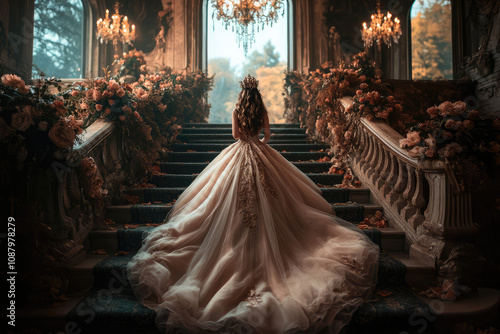 A woman in a long white gown stands on a staircase