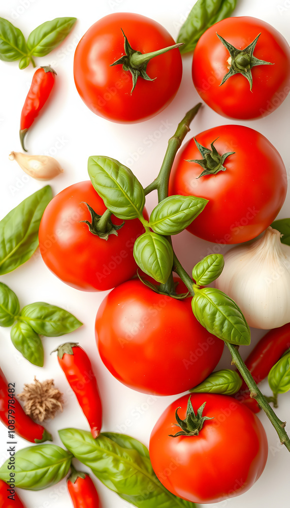 Tomato, basil spices, chili pepper, onion, garlic pattern. Creative cherry tomato background isolated on white. Fresh basil, tomatoes banner, cooking concept, fashion wallpaper, simple style Tomato, basil spices, chili pepper, onion, garlic pattern. Creative cherry tomato background isolated on white. Fresh basil, tomatoes banner, cooking concept, fashion wallpaper, simple style