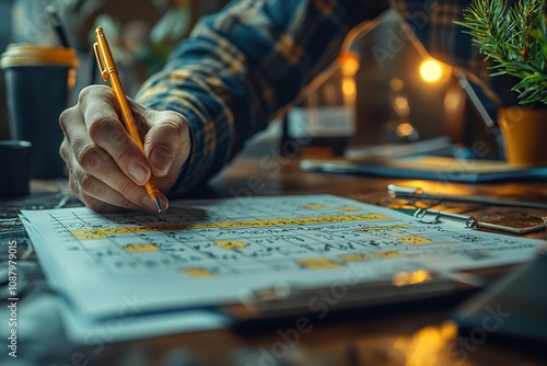 Business team gathered around a table, writing and organizing their schedule on a calendar for the upcoming project