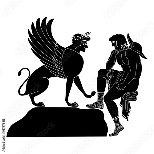 King Oedipus and the Sphinx. Ancient Greek mythology. Philosophical concept of enigma. Vase painting style. Black and white silhouette.