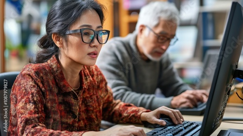 A young woman with glasses is concentrating on her computer while an older man sits behind her.