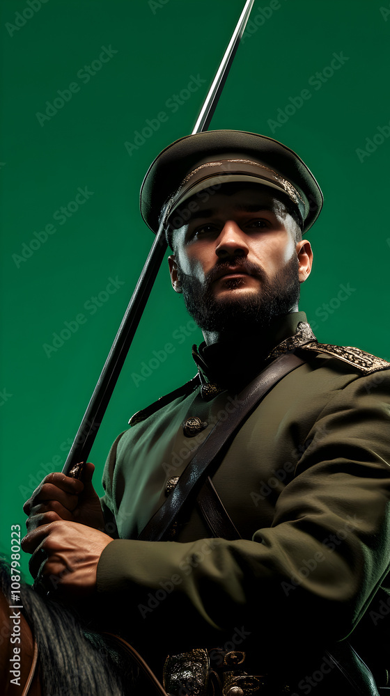 A Cossack horseman in traditional garb, holding a sabre, posed against a vibrant green background, embodying bravery and tradition. A Cossack warrior on horseback.
A Cossack horseman in traditional garb, holding a sabre, posed against a vibrant green background, embodying bravery and tradition. A Cossack warrior on horseback.