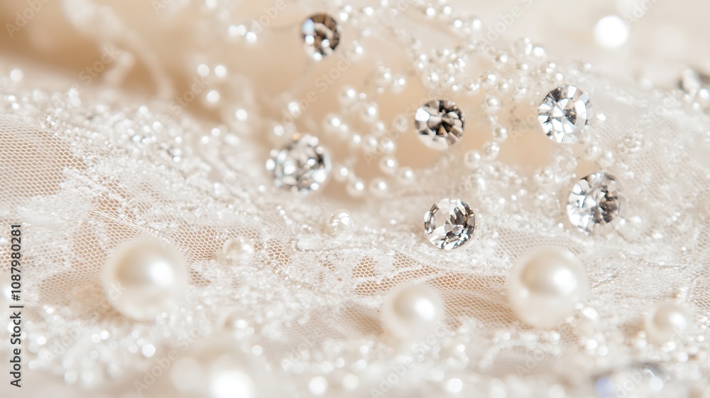 Close-up of elegant lace adorned with pearls and crystals, perfect for bridal or formal wear. Close-up of elegant lace adorned with pearls and crystals, perfect for bridal or formal wear.
