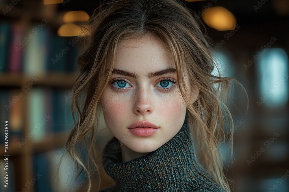 European woman sitting at a table in a public library, deep in thought while browsing through a book European woman sitting at a table in a public library, deep in thought while browsing through a book