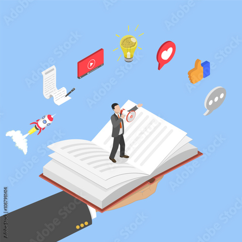 3D Isometric Flat Vector Illustration of Storytelling, Copywriter Creating a Story