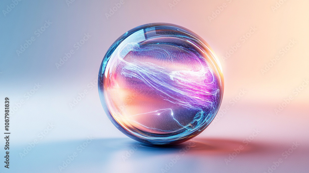 transparent glass sphere with blue and purple lines reflecting light, symbolizing clarity, transformation, and innovation, surrounded by a futuristic aura of modern technology and abstract design transparent glass sphere with blue and purple lines reflecting light, symbolizing clarity, transformation, and innovation, surrounded by a futuristic aura of modern technology and abstract design