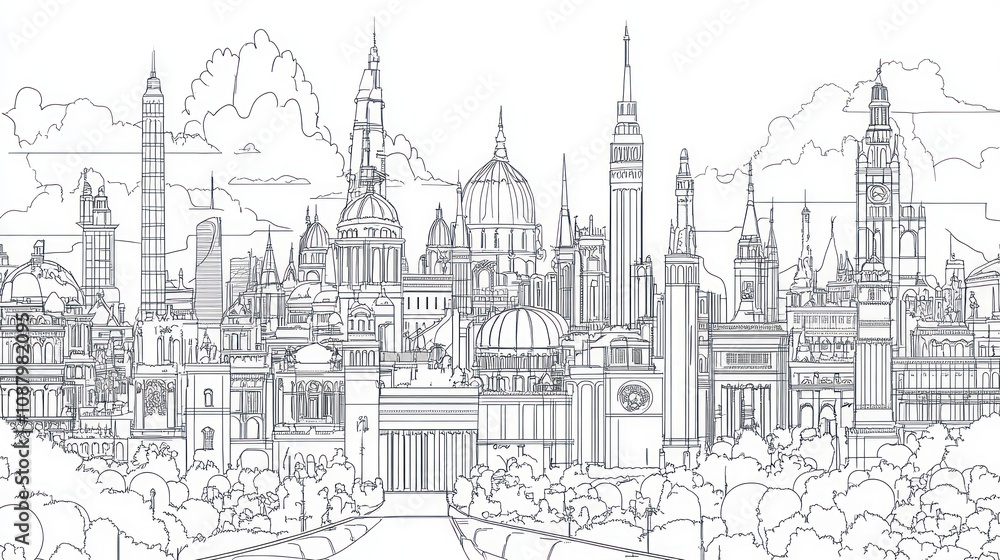 Fototapeta premium Architectural Skyline: A Panoramic Sketch of Iconic Buildings