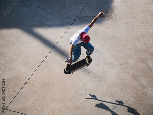 A skateboarder executes a high jump trick on concrete surface photo