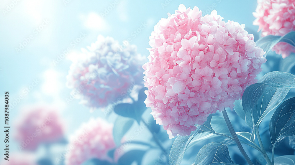 vibrant blue and pink hydrangea blooms surrounded by lush green leaves, capturing the beauty and vitality of nature in full bloom, evoking feelings of serenity and renewal vibrant blue and pink hydrangea blooms surrounded by lush green leaves, capturing the beauty and vitality of nature in full bloom, evoking feelings of serenity and renewal