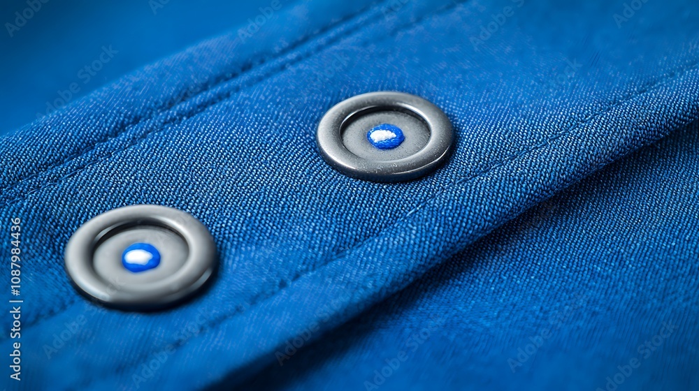 Close-up of two black buttons on a blue fabric shirt, showcasing texture and detail. Close-up of two black buttons on a blue fabric shirt, showcasing texture and detail.