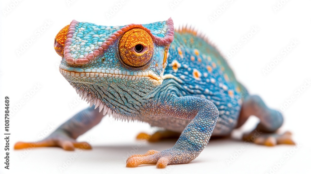 Obraz premium A Close-Up of a Vibrant Blue Chameleon with Orange Eyes