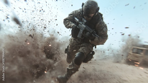 a soldier running from explosions on a modern battlefield 